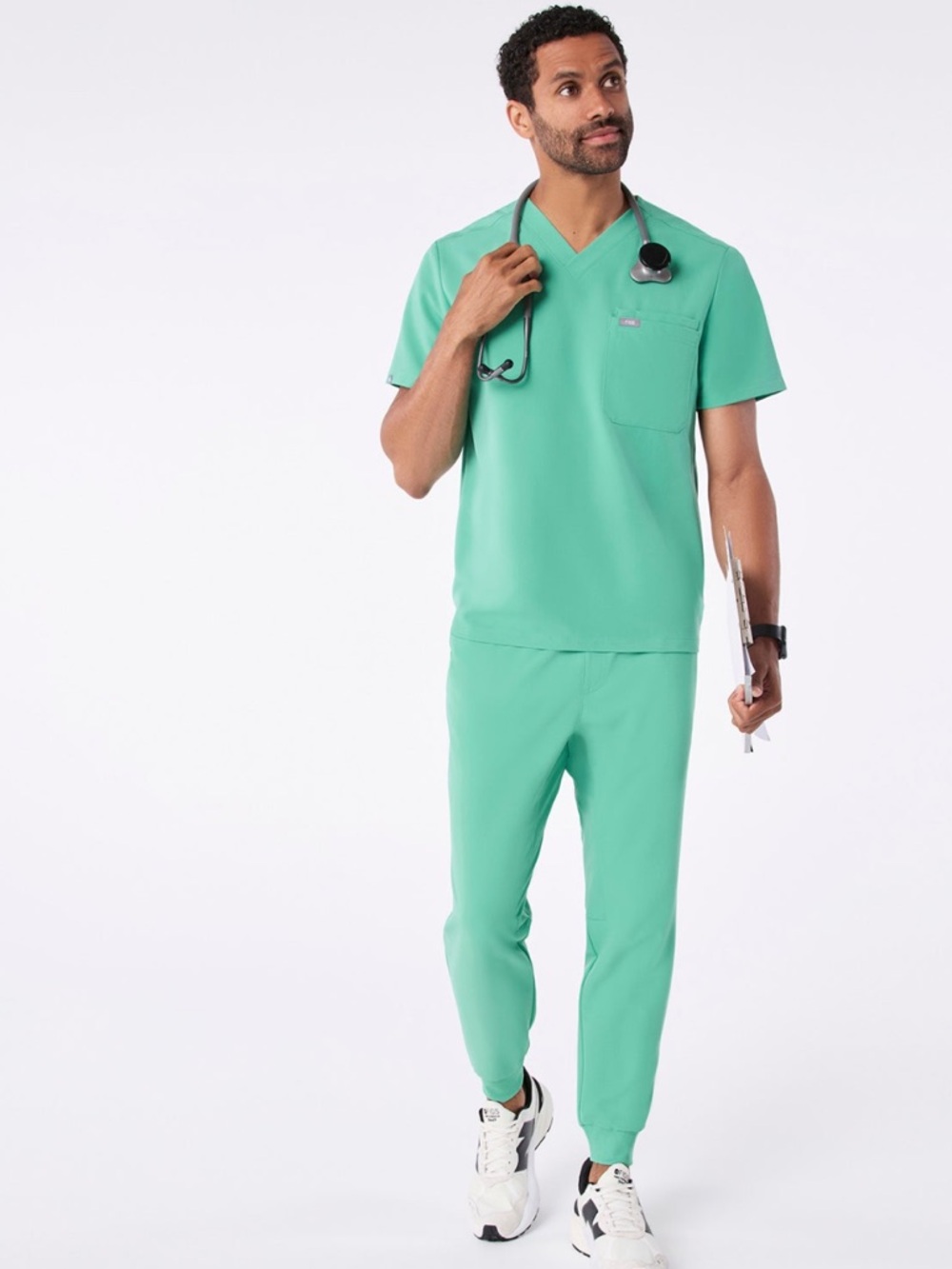 Figs Men’s Lepn Jogger Pants and Three Pocket Scrub Top Set — surgical green
